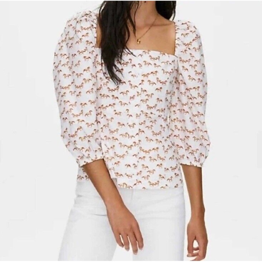 Aritzia Little Moon Luckette‎ Horse Square Neck Puff Sleeve Button Top Sz Large